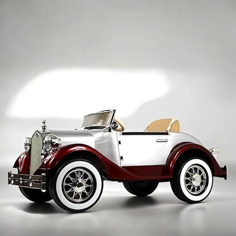 Vintage Retro Ride-On Car for Kids | Battery Operated Electric Car with Remote Control, Leather Seat, Music, LED Lights, Rocking Function