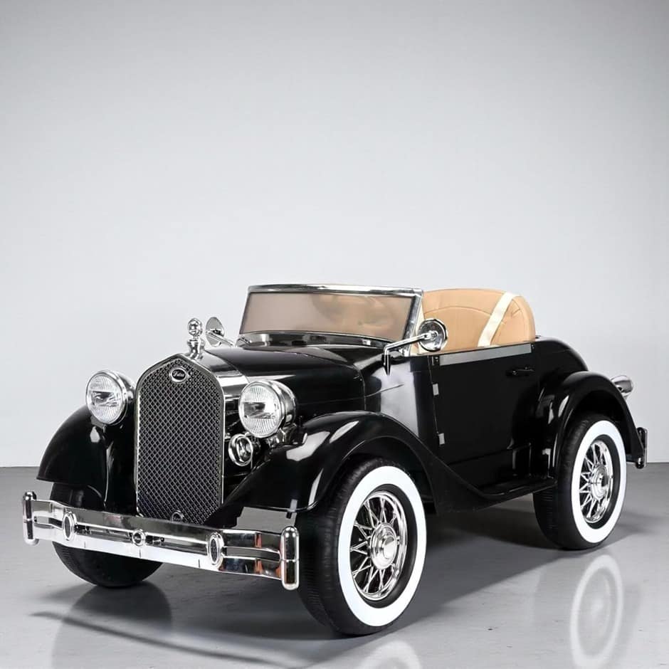 Vintage Retro Ride-On Black Car for Kids | Battery Operated Electric Car with Remote Control, Leather Seat, Music, LED Lights, Rocking Function